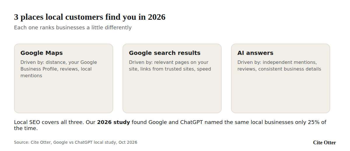 Diagram: 3 places local customers find you. Google Maps, driven by distance, Google Business Profile, reviews and local mentions. Google search results, driven by relevant pages, links and speed. AI answers, driven by independent mentions, reviews and consistent business details.